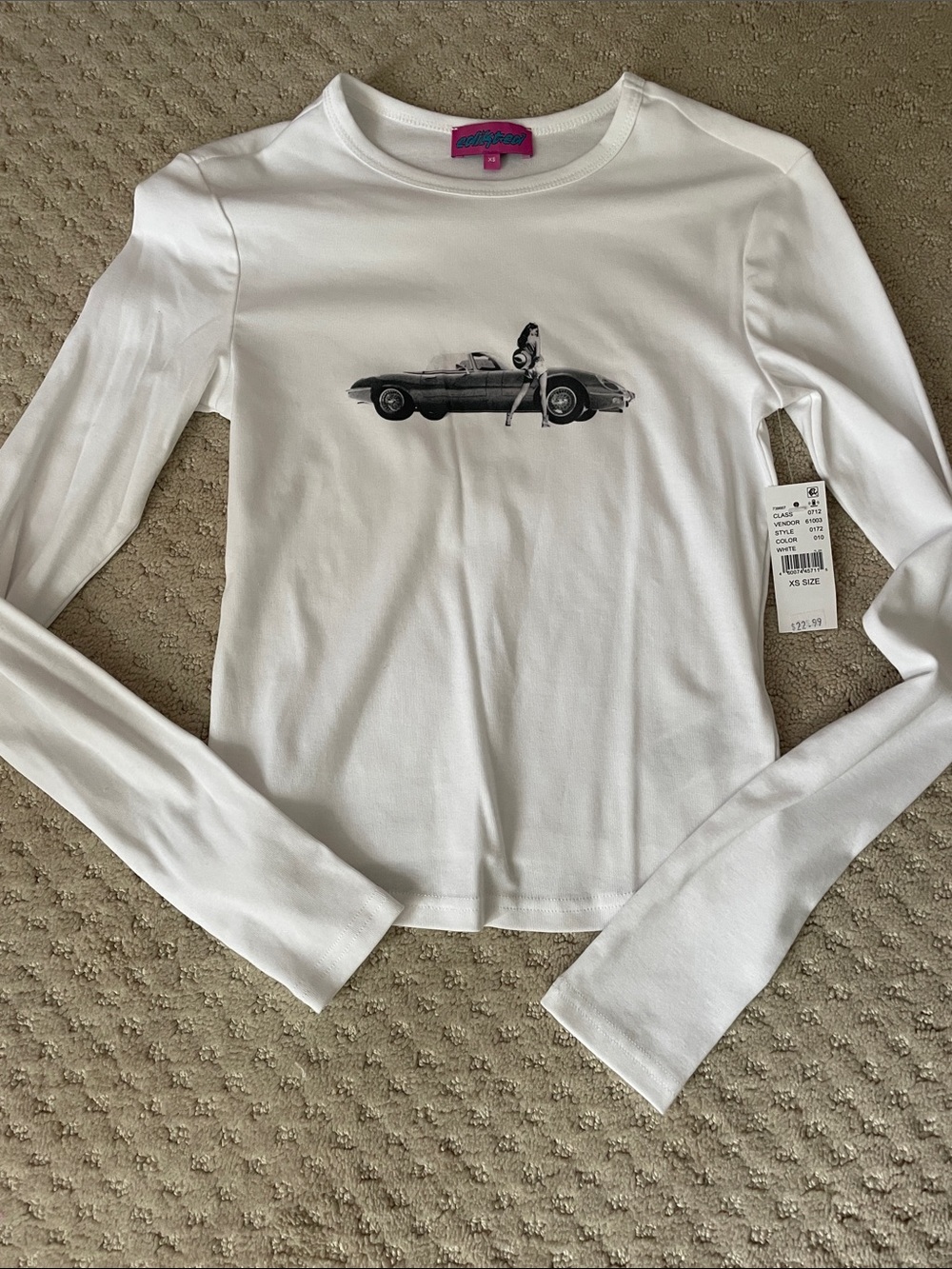 Edikted White Long-Sleeve Tee with Black Car Graphic